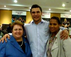 PhotoID:12972, Professor Bronwyn Fredericks, Jharal Yow Yeh, Brisbane Broncos player and Robina Mann, Nulloo Yumbah