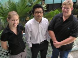 PhotoID:6331, Lindsay Beatson (left) and Dean Smith (right) are excited about their 3-month visit to Japan which has been organised by CQUniversity lecturer Taka Yokoyama (centre).