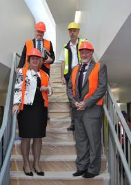 PhotoID:12815, Maree Geraghty, Acting CEO  for Central Queensland Health Service, joints the building tour with L-R Mark Cormack (HWA), Graeme Boyle (CQUni) and Professor Graham Pegg (CQUni)