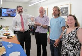 PhotoID:13425, Open Access Week launch participants Professor Chad Hewitt, Library Director Graham Black, Dr Corneel Vandelanotte and Copyright and Repository Services Librarian Catherine Wattiaux 