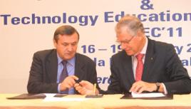 PhotoID:10492, Associate Professor Alan McPhail (right) signs an MOU with Professor Constantin Oprean, Rector, Lucian Blaga University of Sibiu, Romania