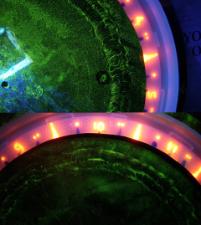 PhotoID:9970, A picture of caustic cracking revealed by fluorescent magnetic particle crack testing. The technique is one of those being taught by ATTAR at CQUniversity's PELM Centre. The cracking is being researched by CQUniversity to assist the alumina refining industry.