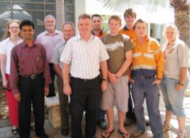 PhotoID:5620, From left: Ros Gilroy (Manager TQ Mining), Dr Ratikanta Sahoo (Senior Lecturer in Mining Engineering CQU), Greg Taylor (Manager Learning Resources CQ TAFE), Dr Colin Greensill (Associate Professor Mining), Bruce Robertson (Anglo Coal Manager Underground Technical Services), Mitch Cameron (Callide), Tony Derksen (Drayton), Shane Bellamy (Callide), Jeremy Giles (Callide) and Pauline Williams (Cap Coal). Photo courtesy CQIT