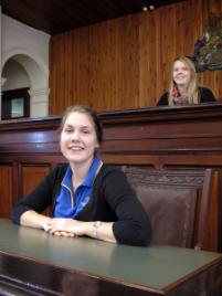 PhotoID:10926, Paramedic Science students Lauren Newman (front) and Prue Farquhar (back) learn about the legal side of being a paramedic at the Old Supreme Court in Rockhampton.