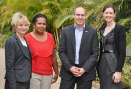 PhotoID:11379, Minister Curtis Pitt with CQUniversity representatives at the LEAP launch, L-R Mary McLeod, Melinda Mann-Yasso and Stacey Doyle