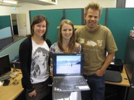 PhotoID:10833, Rahel Ammann, Katja Soetens and Dr Corneel Vandelanotte display one of the video messages