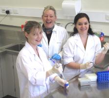 PhotoID:10107, Enjoying life in the lab are L-R Amy Suthers, Sabine Smith-Flenady and Candice Pullen. LINK for a larger image