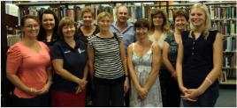 PhotoID:13758, Celebrating the reading project are L-R students Louise Morgan and Tina Carruthers, Marion Crane (CQUni Library), Prof Helen Huntly (Dean, School of Education), Annalise Keyes (Teacher, Branyan Primary), Patrick Cause (Deputy Principal Kalkie Primary), students Jen Moore and Annette Goodman, Anita Brown (Campus Library Manager Bundaberg) and student Leah Beswick