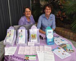 PhotoID:14702, L-R Sharon Coome (Service Manager of Breast Screen, Qld, Rockhampton Branch) and Debra Robson (Education Officer, Qld Bowel Cancer Screening, Rockhampton) promote health checks on campus