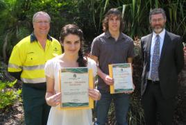 PhotoID:11661, Denica Hope and encouragement award winner Damien Hensen are congratulated by QAL's Phil Campbell (left) and CQUni's Professor Chad Hewitt