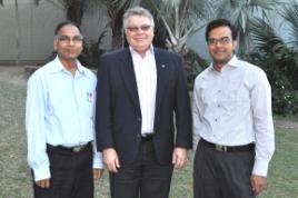 PhotoID:9556, CQUniversity's Ashfaque Chowdhury and Dr Mohammad Rasul met up with Doug Hargreaves (centre) before the presentation this week. 