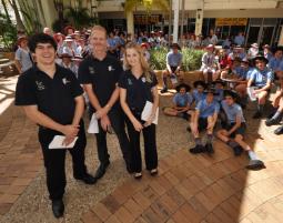 PhotoID:13754, Student Ambassadors Nicholas Griffin and Adam Bale, and Marketing Officer Natalie Mills welcome the Grammar visitors