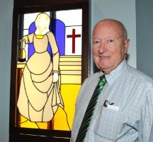 PhotoID:12382, Dr Dewar with the stained glass artwork