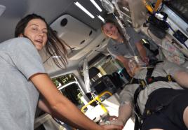 PhotoID:14895, Paramedic science students Cassie Fraser and Skye Krobath check out the University's teaching ambulance.