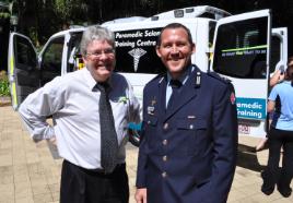 PhotoID:14238, Paramedic Science Professor Brian Maguire welcomes VIP guest Warren Kellett, Executive Manager Mines, Queensland Ambulance Service