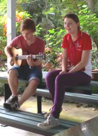 PhotoID:14281, Entertaining duo Amelia Kase (student mentor) and Zak Scerri (student) were at the morning tea