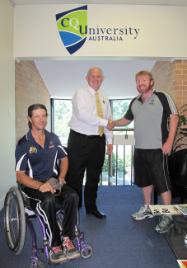 PhotoID:10621, Professor Scott Bowman discussed the hand cycle project with Jason Holohan and Michael Oxley, representing the Sporting Wheelies and Disabled Association