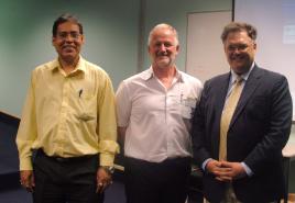 PhotoID:10129, Chatting at the conference L-R Professor Gopinath Chattopadhyay, Richard Egelstaff and Professor Richard Clegg