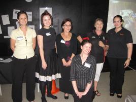 PhotoID:9784, Campus staff member Kerry Aprile (third from right) with departing students Rachel Dwyer, Caitlin McGovern, Nita Rosher, Jenna Bauer and Liz Hamilton 