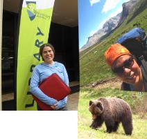 PhotoID:14300, Sarah Elmeligi pictured on campus in Rockhampton and also in the Skoki Valley of Banff National Park. Inset: Sarah's photo of an orphaned male grizzly 