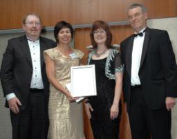 PhotoID:5130, CQU Development Manager Suzi Blair (second from left) received the award on behalf of University benefactor Ron Diamond. Also pictured are (from left) Daniel McDiarmid, Managing Director, Global Philanthropic;  Lisa Paul, Secretary, Department of Science, Education and Training and David Hind, President of BHERT