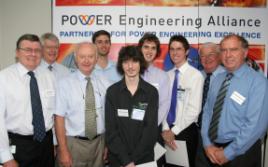 PhotoID:5029, From left (back), Peter Wright (PEA manager), Philip Kaighin (electrical engineer and previous bursary graduate), Thomas Passaris and Adrian Brown (CQU student bursary recipients) and Paul Hoolihan (Member for Keppel). Front, Neil Lowry (GM network for Ergon Energy), Professor Rickard, Joshua Venton (CQU student bursary recipient) and Simon Bartlett (chief operating officer for Powerlink)