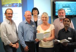 PhotoID:11733, L-R Judges David Gilmour and Mick Alexander, guest speaker Helen Newell, posgrad Elise Crawford, judge Ted Gardner and postgrad Rahat Hossain