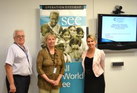 PhotoID:12313, Susan Loomes welcomes Operation Eyesight CEO and President Pat Ferguson and Fund Development Manager Mark Simms to Sydney Campus