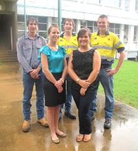 PhotoID:12110, A rainy day could not dampen the enthusiasm of some of the students gathering for their work placement presentations, including L-R Martin Grieve, Brodie Pitman, Maxwell Parker, Stephanie Veldhuis and Brendan Davey