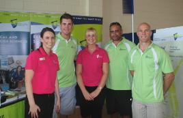 PhotoID:10373, Uni staff meeting sports stars (L-R)  Catherine Guilfoyle, Adam Blyth, Emily Franke, Nathan Blacklock and Tim Brasher