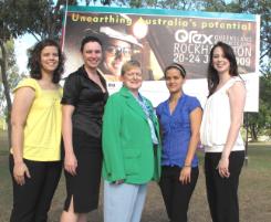 PhotoID:7151, L-R Madison Black, Ellie Traynor, Professor Angela Delves, Justine Daniels and Ashlee Hansen inspect the QREX billboard on our campus