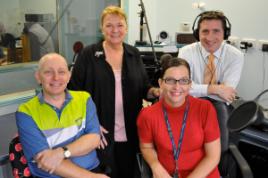 PhotoID:7152, CQUniversity's Communications Editor Marc Barnbaum, 4YOU's Glenys Kirkwood, Communications Specialist Priscilla Crighton and Manager Corporate Communications Mike Donahue get their voices tuned into their new task.