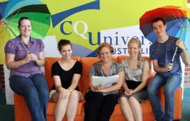 PhotoID:10669, Photo: CQUniversity Australia Gladstone lecturer Julianne Impiccini (centre) with Bachelor of Learning Management students (from left) Stephanie Redgen, Amy Durman, Julianne Impiccini, Stacey Caldwell and Kyle Stein at the launch of the joint disaster resilience education project with Gladstone Regional Council.