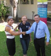 PhotoID:13813, Gwenda Chapman (centre) is congratulated by Suzi Blair (CQUni) and Michael Harris (Rockhampton East Rotary)