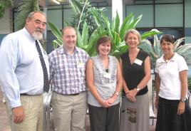 PhotoID:8506, Professor Mark Burton with L-R Nathan Ramm from The Cathedral College, Brenda Mallory fromTCC, Maria Learmonth from Emmaus and Narelle Sommerfeld from Emmaus