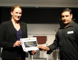 PhotoID:4962, Kartik receives an award from Rachelle Willis, from Griffith University