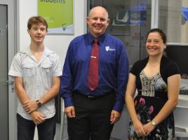 PhotoID:11925, L-R Mattison Rose (of Rton), Professor Scott Bowman and Jordon Irwin (of Emu Park). Another Vice-Chancellor's Academic Excellence Full Scholarship winner Miles Goodwin (Rton) is absent from the photo.