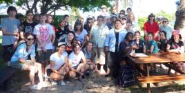 PhotoID:12399, Prof Fredericks and Ms Angela Leitch (centre) pictured with the Toolooa students on North Keppel Island