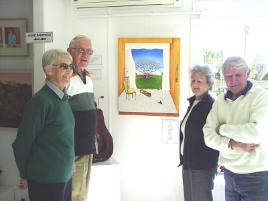 PhotoID:6016, Artists Jan Vercoe, Brian Kehoe, Dorothy Moffit and Bruce Wardell with a Vera Fennell artwork