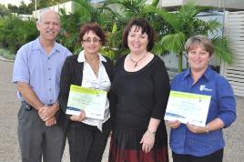 PhotoID:8773, Dr Trudy Dwyer and Dr Kerry Reid-Searl accept ACQUIRE milestone certificates from Library Director Graham Black and Professor Jennelle Kyd, the Deputy Vice-Chancellor (Research, Scholarship and Industry)