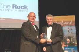 PhotoID:7683, Professor Bowman presents the award to The Rock Building Society Managing Director Derek Lightfoot