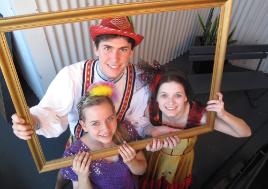 PhotoID:9773, Bachelor of Music student Justin Stewart prepares for Spamalot with help from cast members Alexis O'Donnell (left) and Ainslee Palmer. LINK for larger image