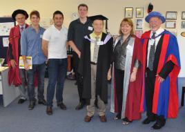 PhotoID:12434, Prize donor Paul Andersen (purple sash) with award supporters and recipients L-R Dr Alan McPhail, Matthew Lowrey, Evan Bayliss, Mitchell Lees, Acting VC Professor Jennelle Kyd and Pro Vice-Chancellor Professor Graham Pegg