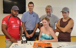 PhotoID:12032, L to R - Lego Mindstorm fans Tendai Chadyiwa, Simon Cumming, Fons Nouwens, Marlene Meerkotter and Alain McGregor