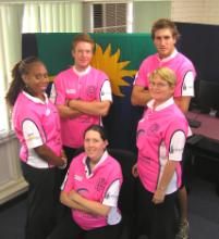 PhotoID:5564, Trying on the new team shirts are (from left) CQU's Reegan Bickey, player Simon Steinhofer, CQU's Tamsen Clifford-Banks and Stephanie Jackson and player Murray Brookes