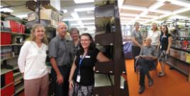 PhotoID:8351, Library Director Graham Black with L-R Kerrie Malcolm, Elke Dawson and Sharnie Friske. Right - with the famous orange carpet