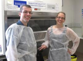 PhotoID:14680, PhD candidate Jessica Browne and Associate Professor Andrew Taylor-Robinson prepare for their otitis media research