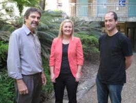 PhotoID:13040, John Holland's Risk Manager for Rail Queensland, Donna Festorazzi chats with third-year Engineering student Sergio Leitao (right) and Associate Dean Ian Devenish