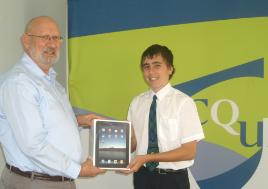 PhotoID:9676, Head of Bundaberg Campus Professor Phillip Clift presents the prize to Luke