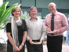 PhotoID:8986, Academic Registrar Barbara Lawrence chats with State Government rep Ian Kimber and VC Scott Bowman after the launch of the expanded Outreach program